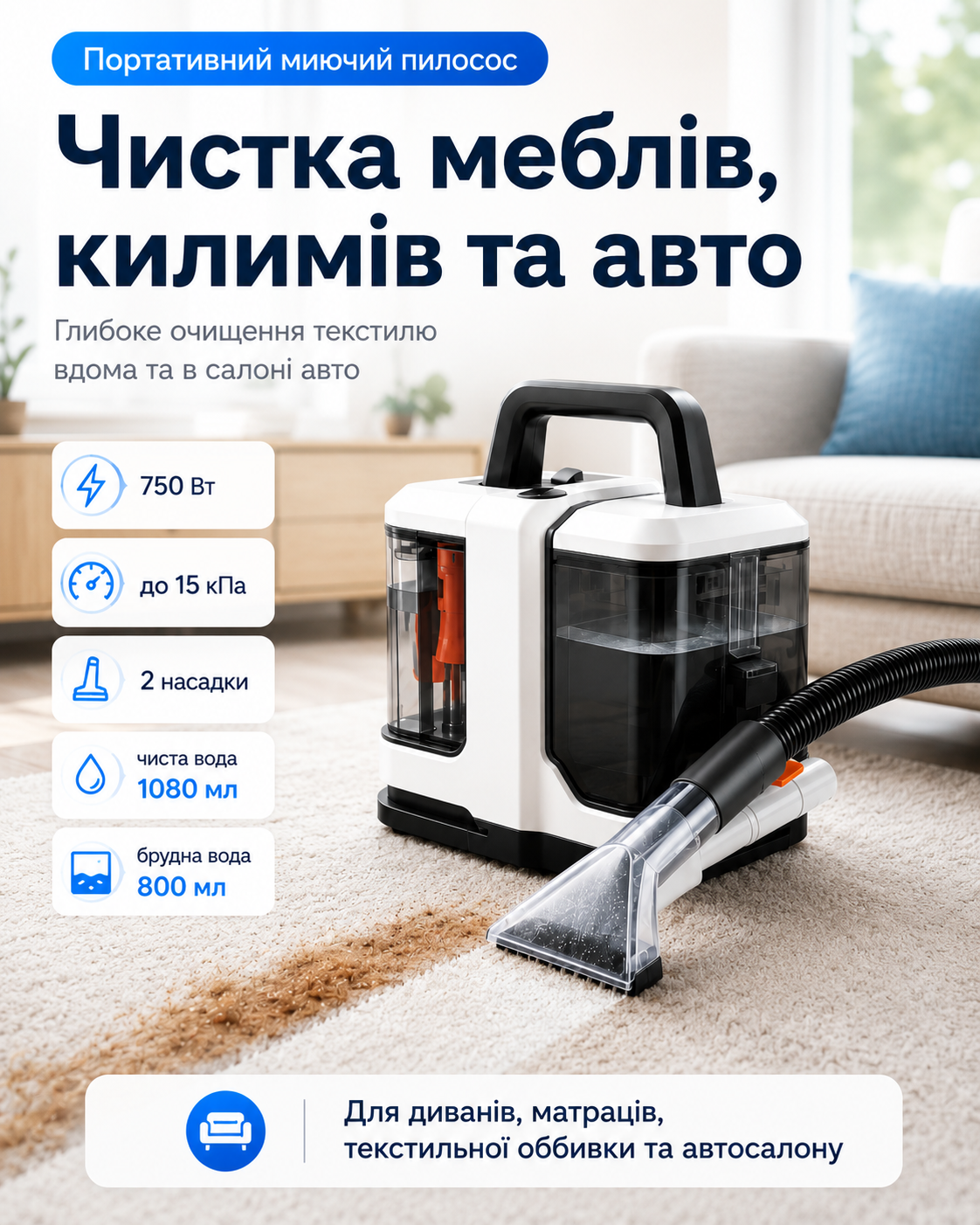 Портативний миючий пилосос для меблів, килимів та авто
