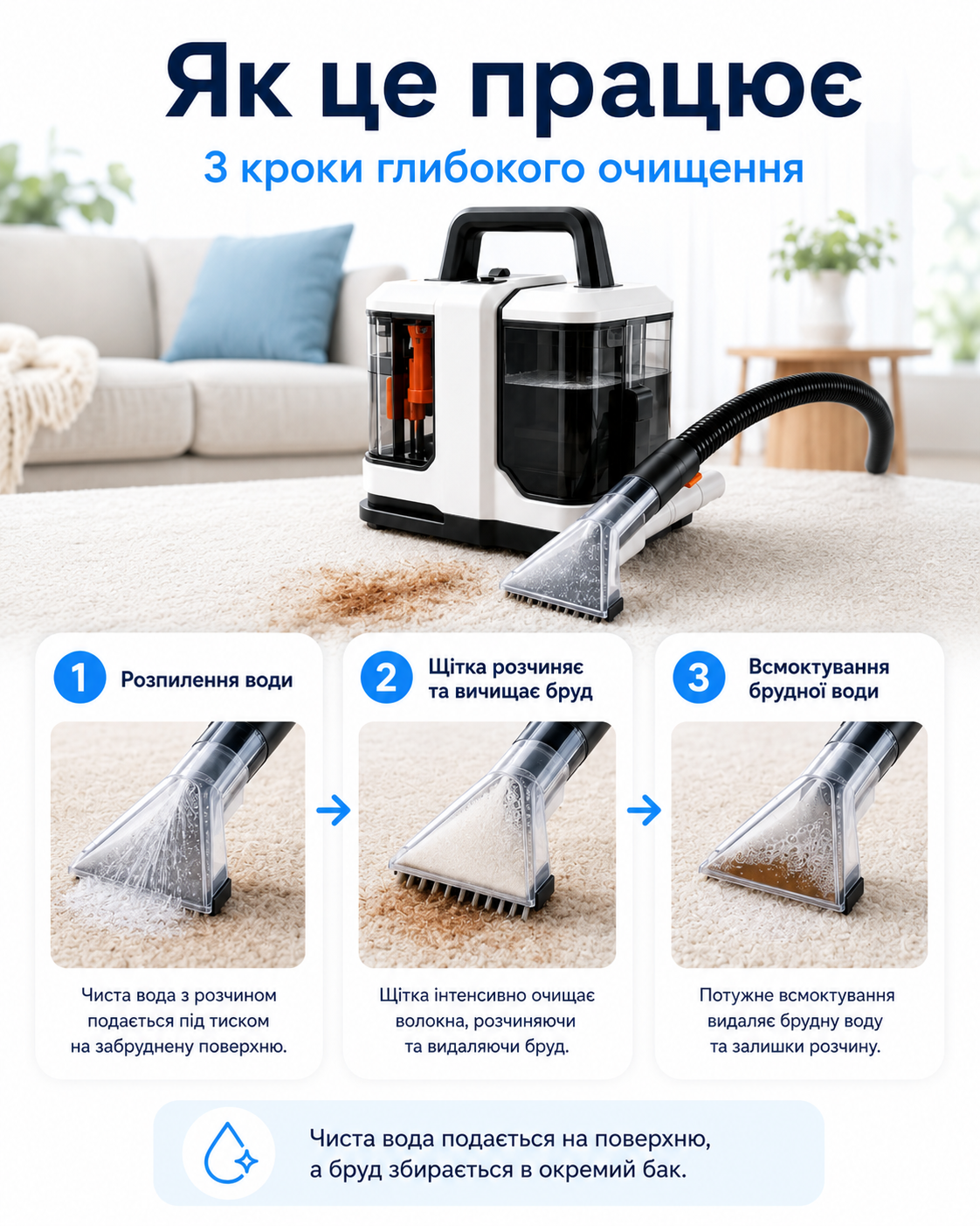 Три етапи очищення текстильних поверхонь